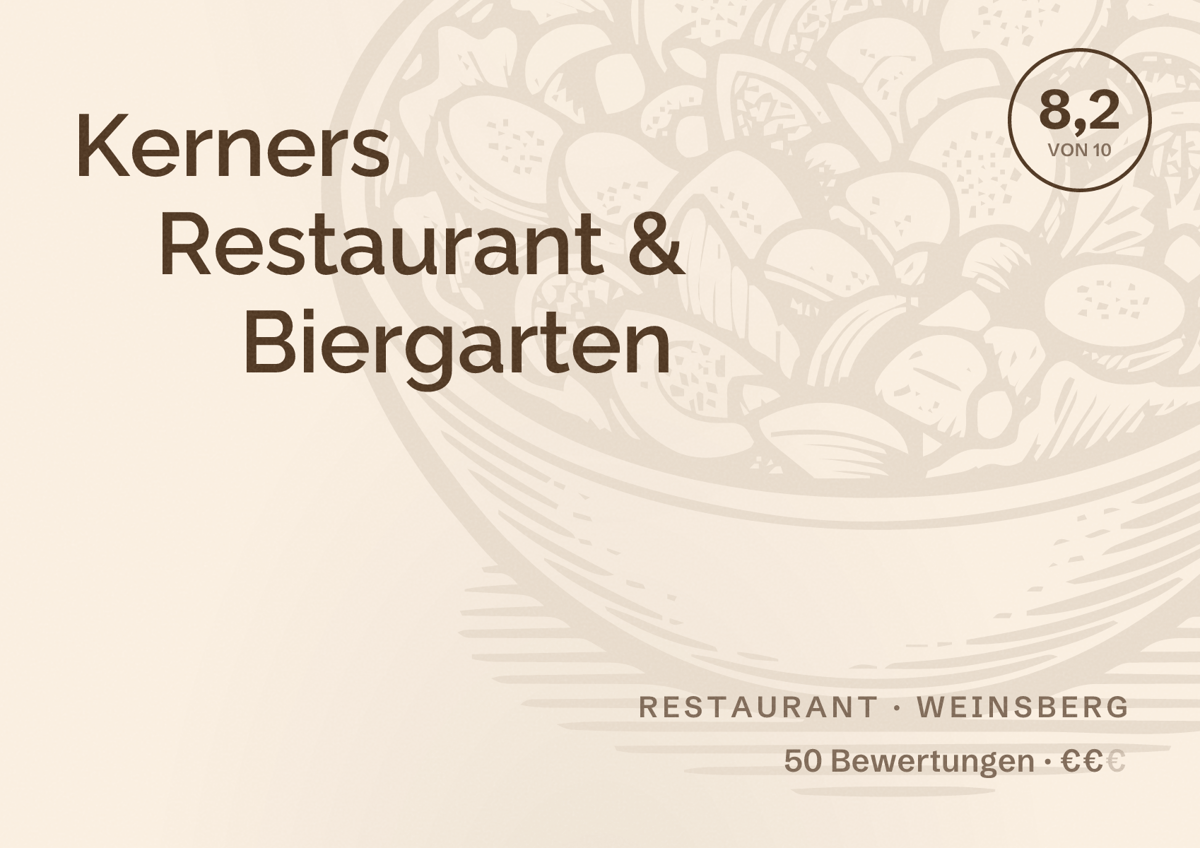 Illustriertes Poster von Kerners Restaurant & Biergarten, Restaurant in Weinsberg: Bewertung 8,2 von 10 aus 50 Bewertungen, Preisniveau €€