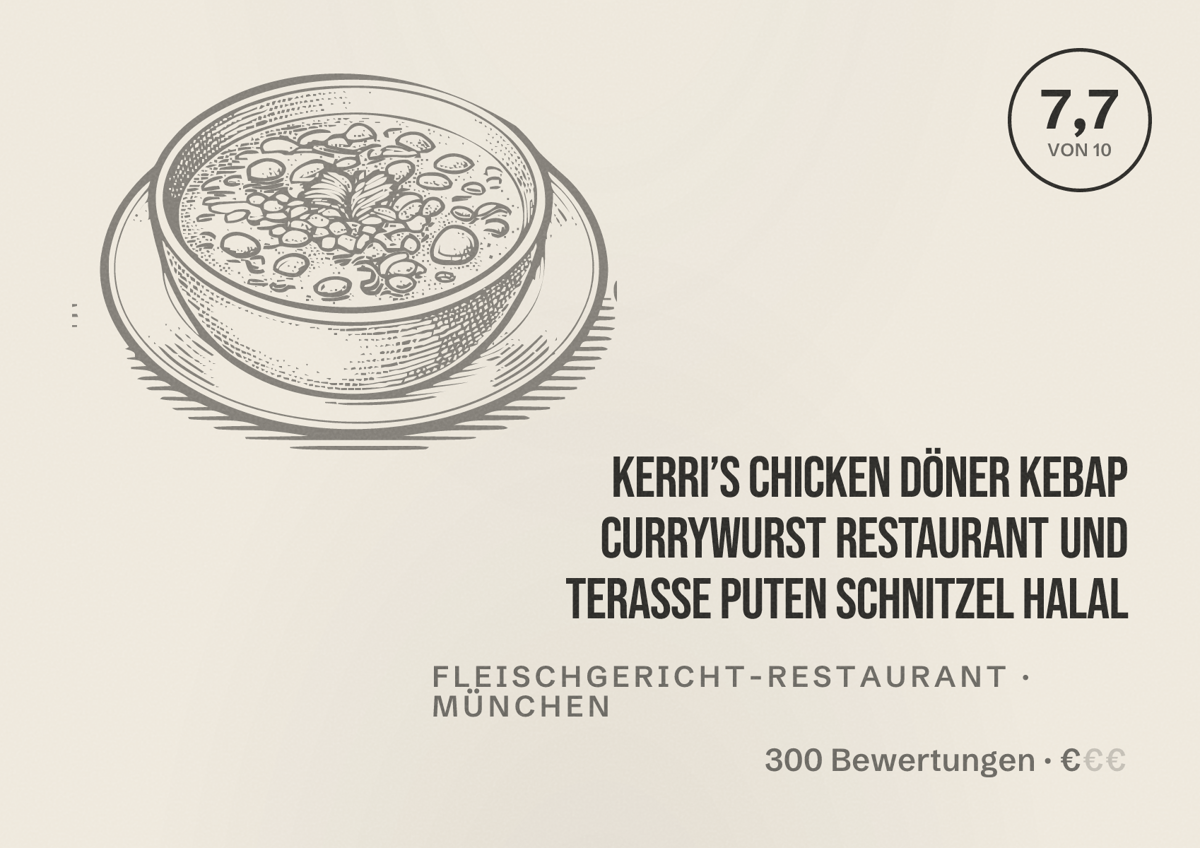 Illustriertes Poster von Kerri’s Chicken Döner Kebap Currywurst Restaurant und terasse Puten Schnitzel halal, Fleischgericht-Restaurant in München: Bewertung 7,7 von 10 aus 300 Bewertungen, Preisniveau €