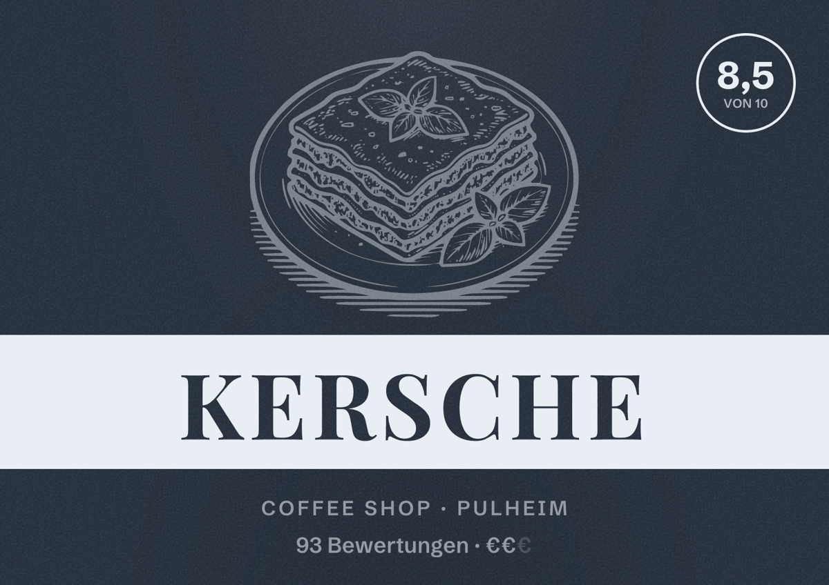 Illustriertes Poster von Kersche, Coffee Shop in Pulheim: Bewertung 8,5 von 10 aus 93 Bewertungen, Preisniveau €€