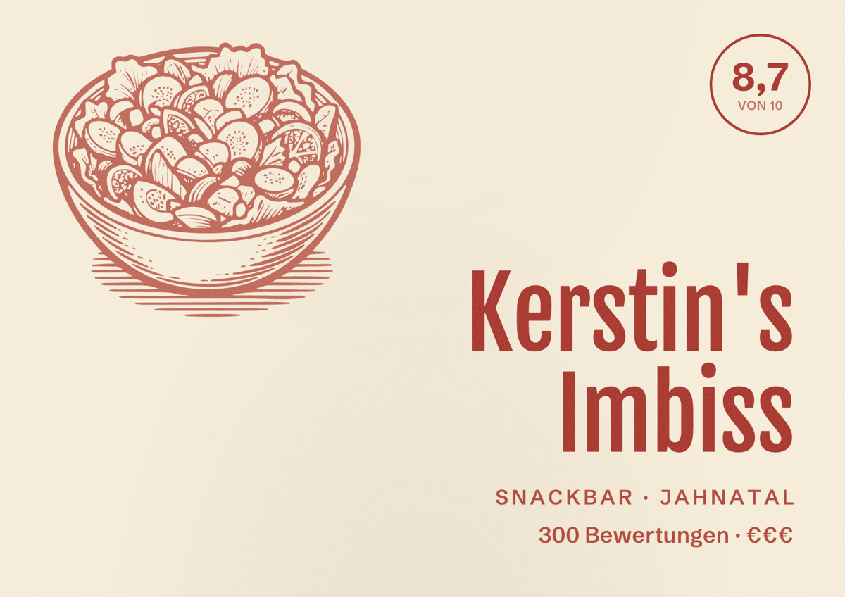 Illustriertes Poster von Kerstin's Imbiss, Snackbar in Jahnatal: Bewertung 8,7 von 10 aus 300 Bewertungen, Preisniveau €€€