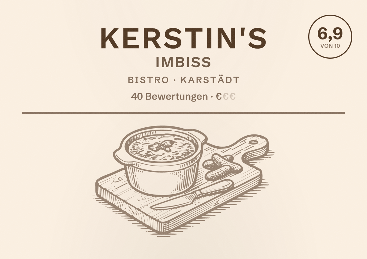 Illustriertes Poster von Kerstin's Imbiss, Bistro in Karstädt: Bewertung 6,9 von 10 aus 40 Bewertungen, Preisniveau €