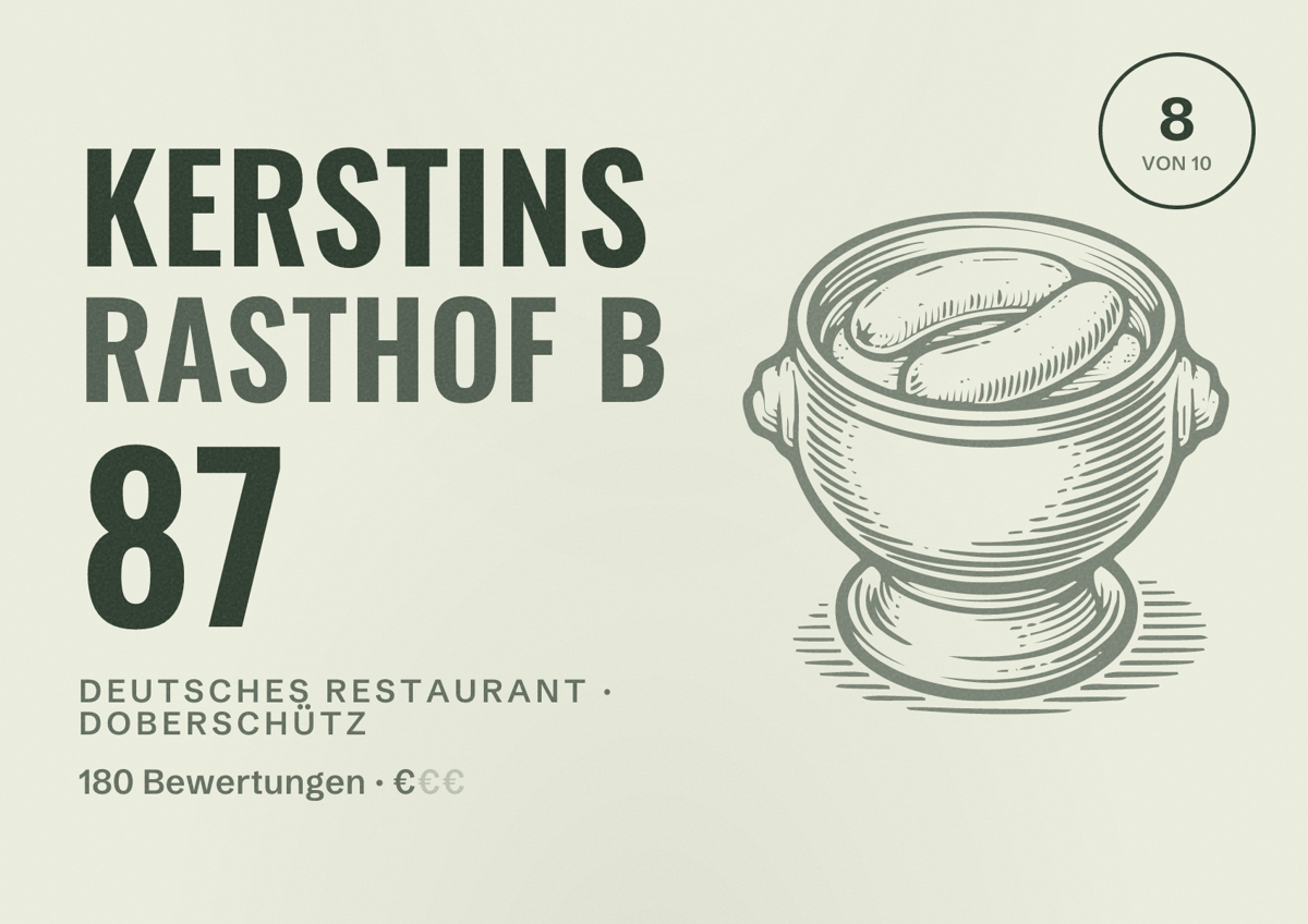Illustriertes Poster von Kerstins Rasthof B 87, Deutsches Restaurant in Doberschütz: Bewertung 8 von 10 aus 180 Bewertungen, Preisniveau €