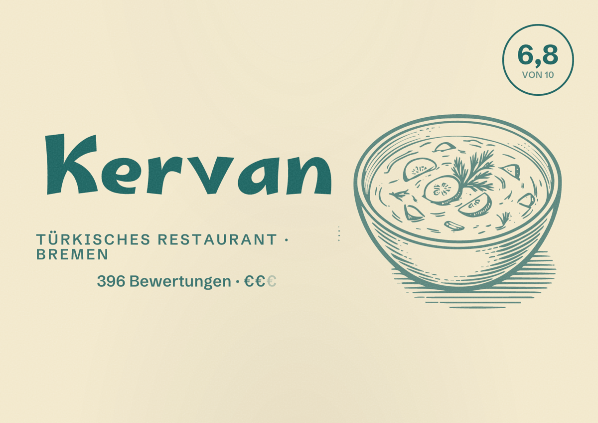 Illustriertes Poster von Kervan, Türkisches Restaurant in Bremen: Bewertung 6,8 von 10 aus 396 Bewertungen, Preisniveau €€