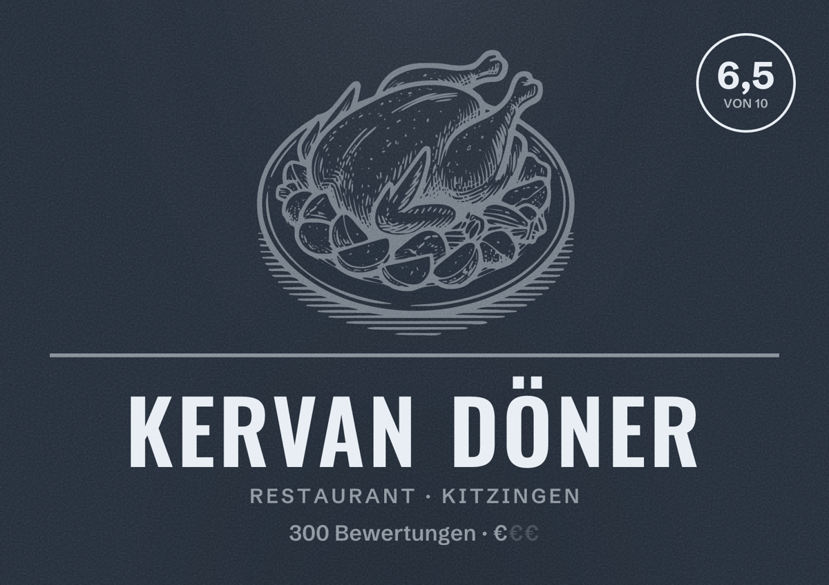 Illustriertes Poster von Kervan Döner, Restaurant in Kitzingen: Bewertung 6,5 von 10 aus 300 Bewertungen, Preisniveau €