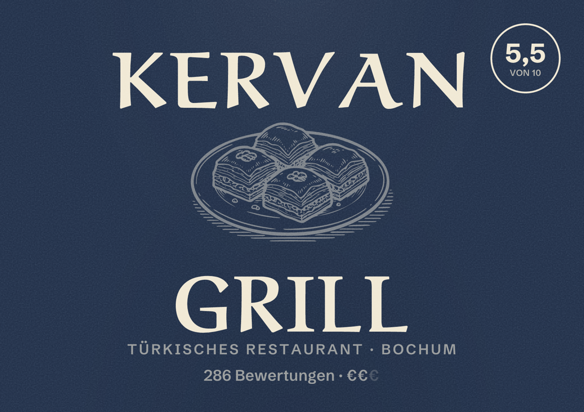 Illustriertes Poster von Kervan Grill, Türkisches Restaurant in Bochum: Bewertung 5,5 von 10 aus 286 Bewertungen, Preisniveau €€