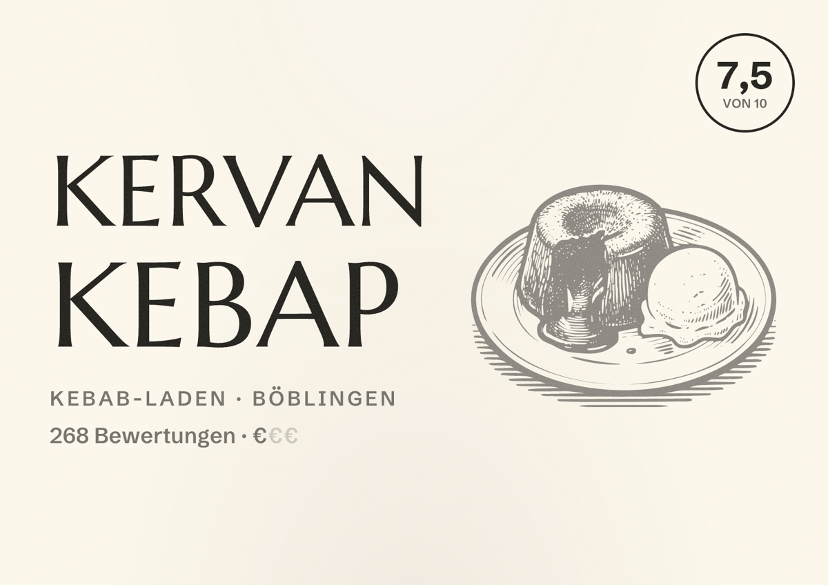 Illustriertes Poster von Kervan Kebap, Kebab-Laden in Böblingen: Bewertung 7,5 von 10 aus 268 Bewertungen, Preisniveau €