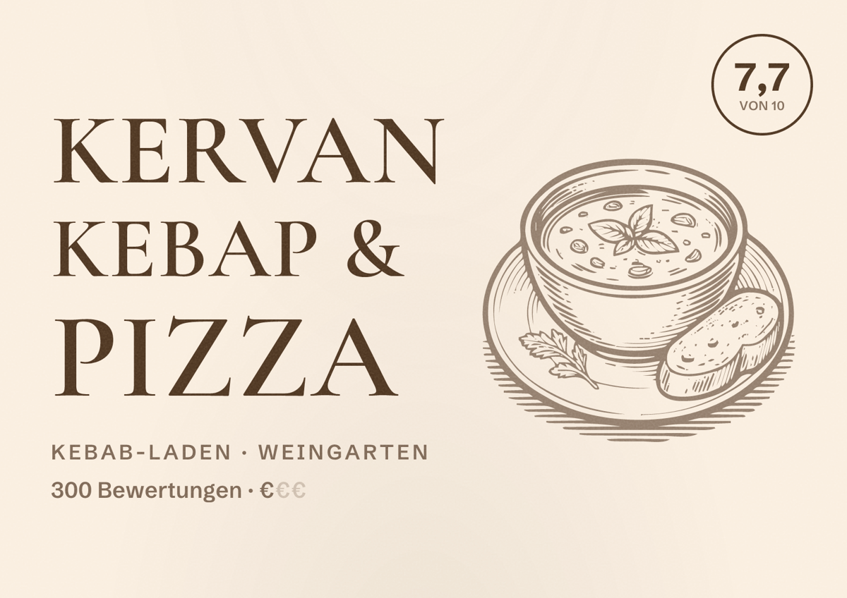 Illustriertes Poster von Kervan Kebap & Pizza, Kebab-Laden in Weingarten: Bewertung 7,7 von 10 aus 300 Bewertungen, Preisniveau €