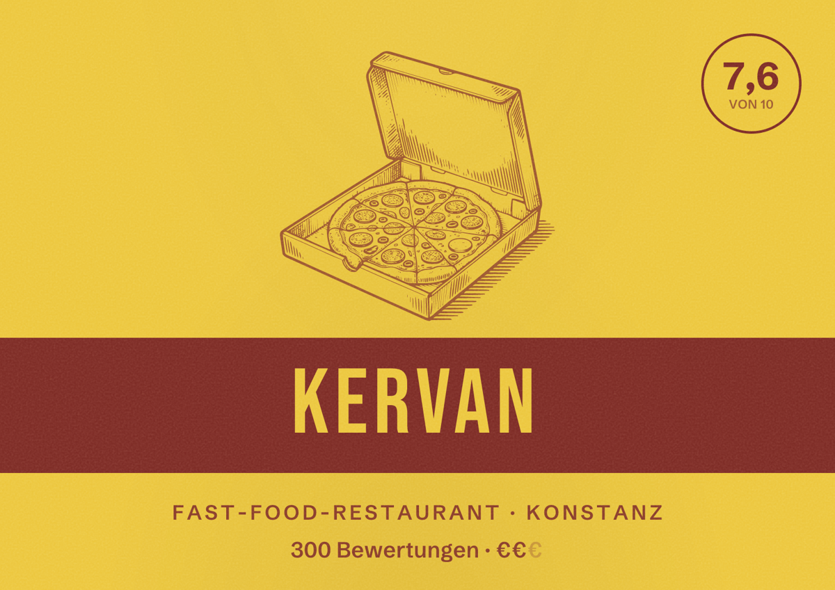 Illustriertes Poster von Kervan, Fast-Food-Restaurant in Konstanz: Bewertung 7,6 von 10 aus 300 Bewertungen, Preisniveau €€