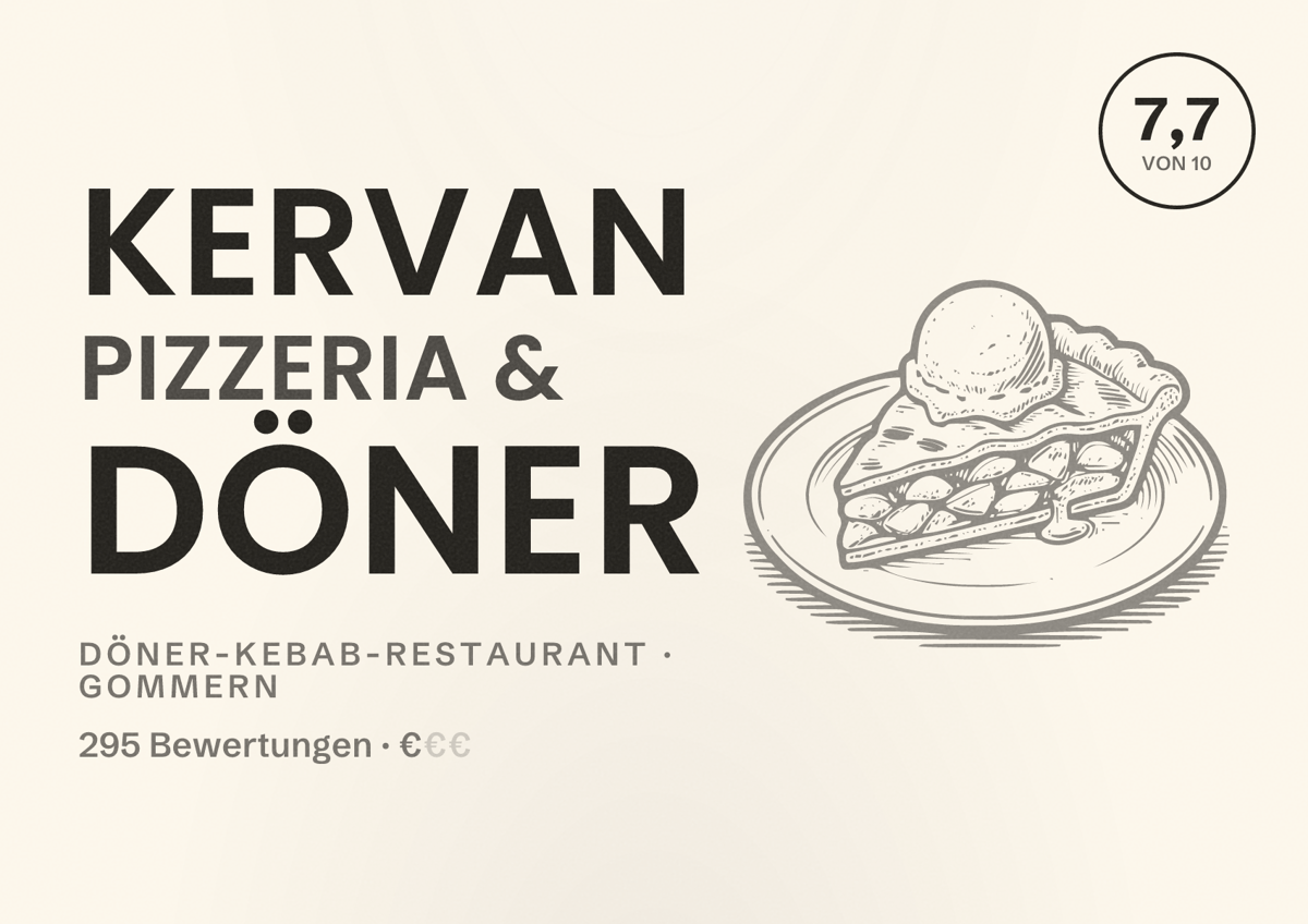 Illustriertes Poster von Kervan Pizzeria & Döner, Döner-Kebab-Restaurant in Gommern: Bewertung 7,7 von 10 aus 295 Bewertungen, Preisniveau €