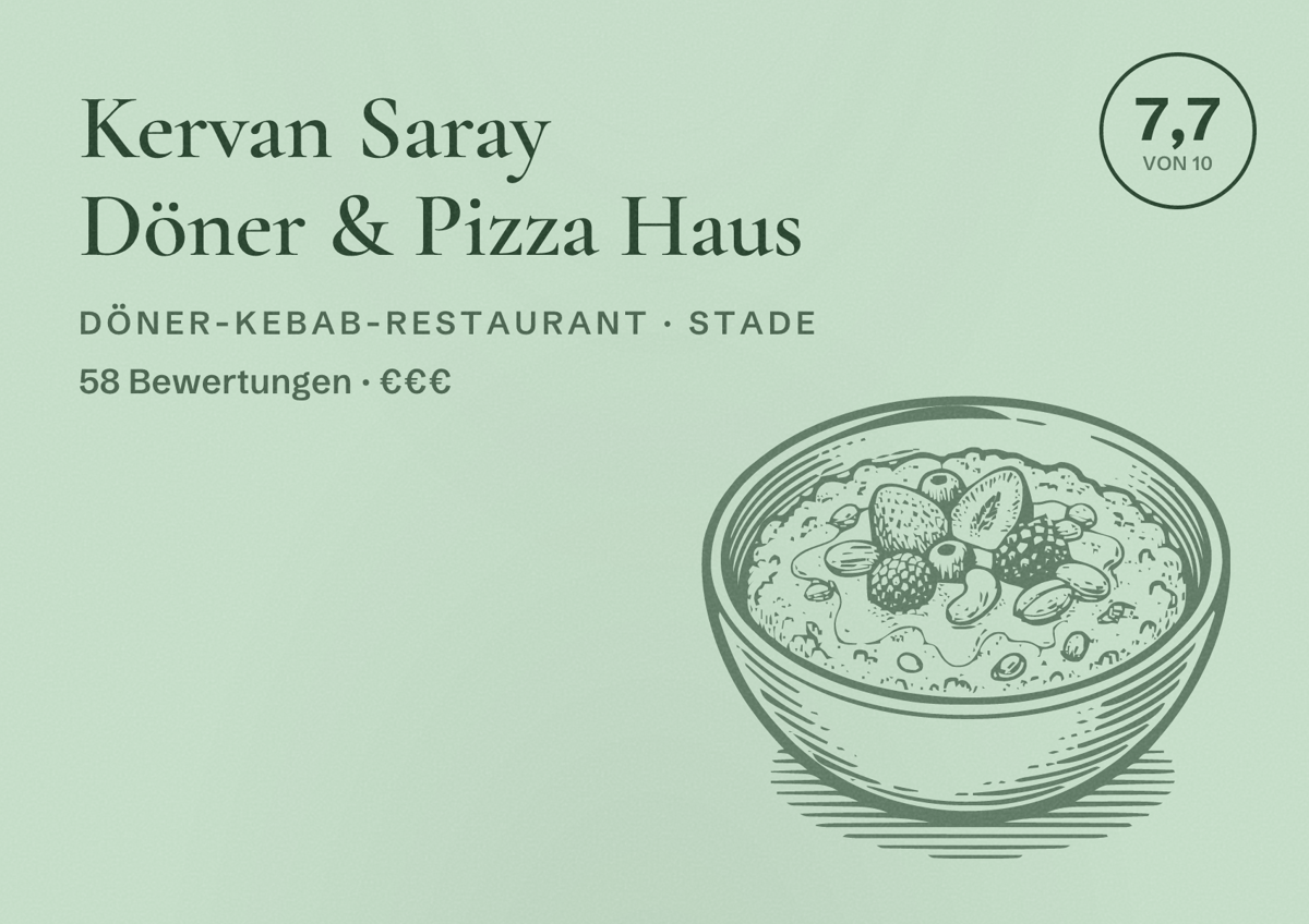 Illustriertes Poster von Kervan Saray Döner & Pizza Haus, Döner-Kebab-Restaurant in Stade: Bewertung 7,7 von 10 aus 58 Bewertungen, Preisniveau €€€