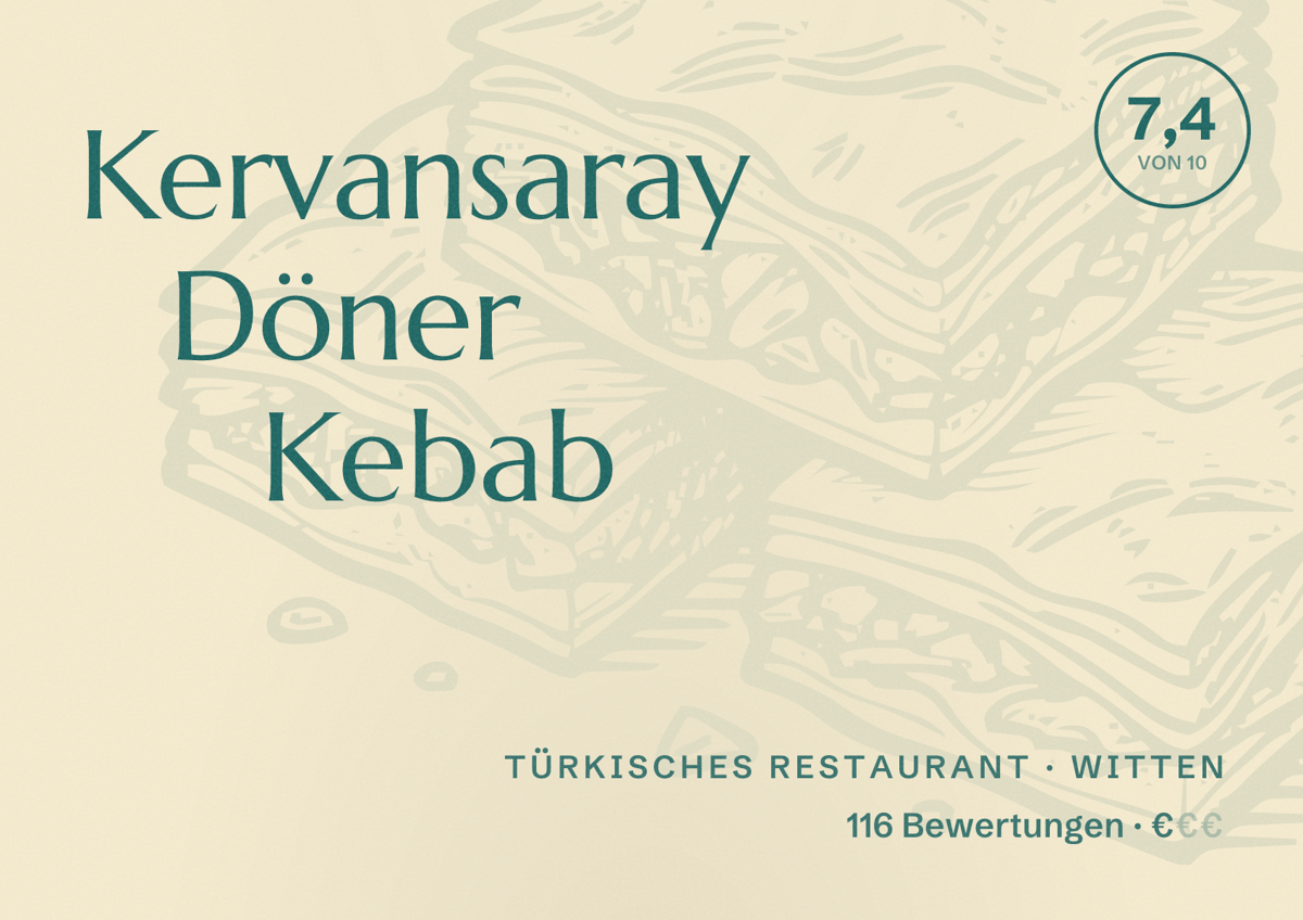 Illustriertes Poster von Kervansaray Döner Kebab, Türkisches Restaurant in Witten: Bewertung 7,4 von 10 aus 116 Bewertungen, Preisniveau €