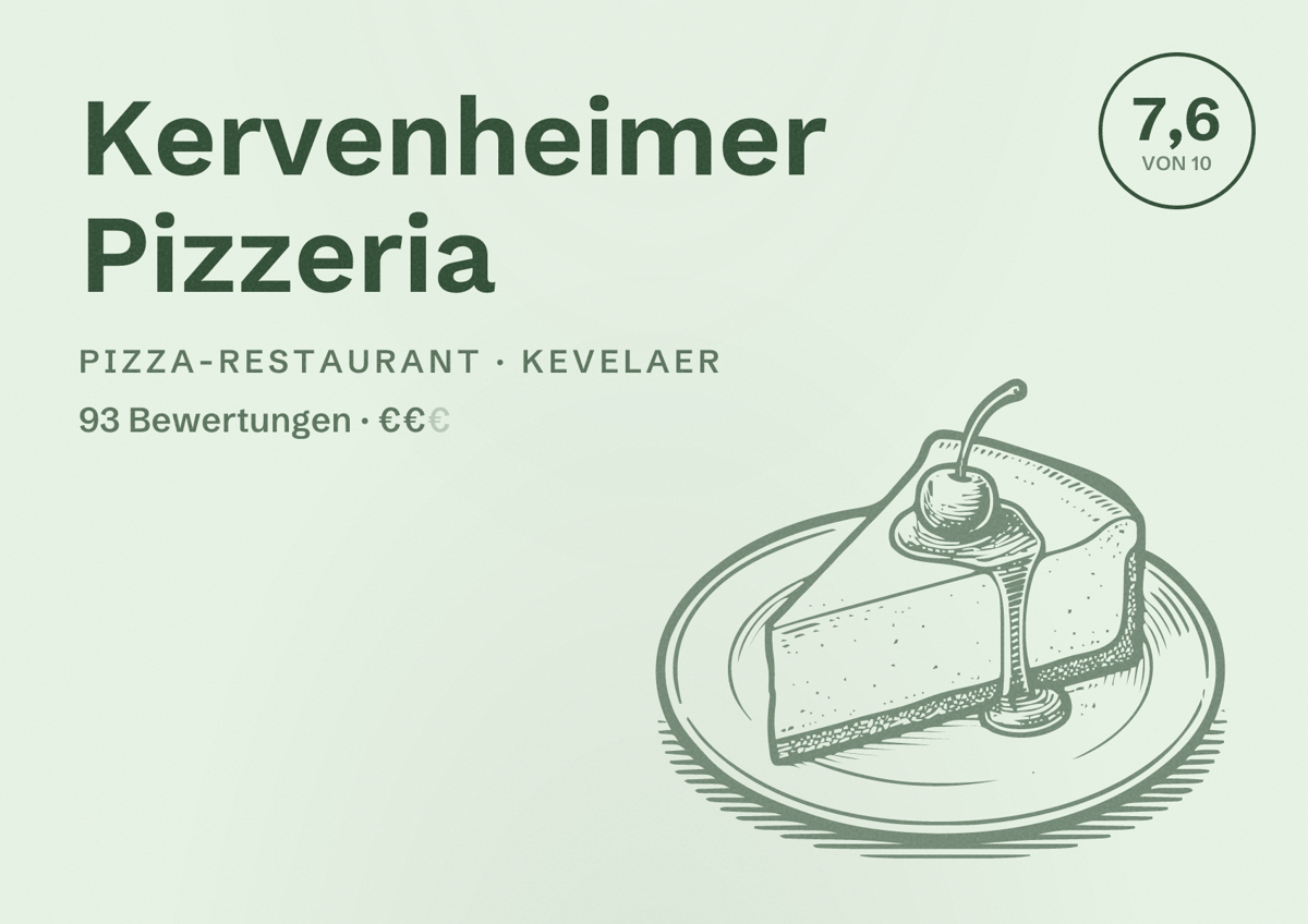 Illustriertes Poster von Kervenheimer Pizzeria, Pizza-Restaurant in Kevelaer: Bewertung 7,6 von 10 aus 93 Bewertungen, Preisniveau €€