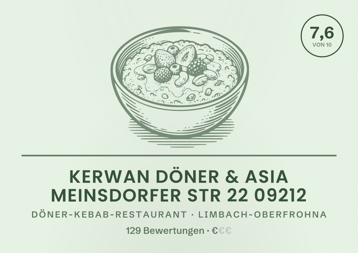 Illustriertes Poster von Kerwan Döner & Asia Meinsdorfer Str 22 09212, Döner-Kebab-Restaurant in Limbach-Oberfrohna: Bewertung 7,6 von 10 aus 129 Bewertungen, Preisniveau €