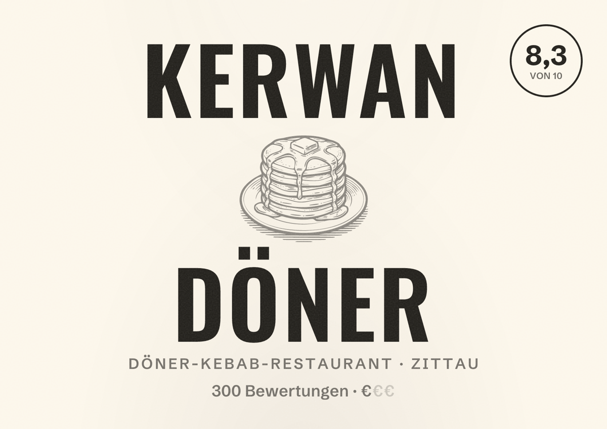 Illustriertes Poster von Kerwan Döner, Döner-Kebab-Restaurant in Zittau: Bewertung 8,3 von 10 aus 300 Bewertungen, Preisniveau €