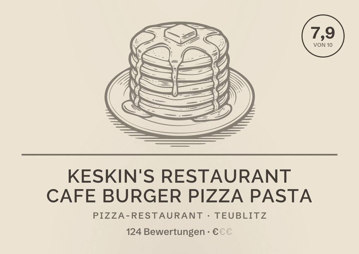 Illustriertes Poster von Keskin's Restaurant Cafe Burger Pizza Pasta, Pizza-Restaurant in Teublitz: Bewertung 7,9 von 10 aus 124 Bewertungen, Preisniveau €