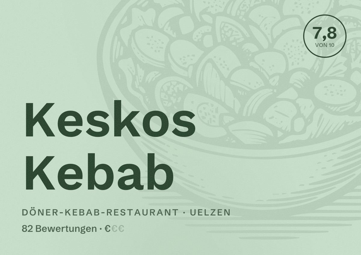 Illustriertes Poster von Keskos Kebab, Döner-Kebab-Restaurant in Uelzen: Bewertung 7,8 von 10 aus 82 Bewertungen, Preisniveau €