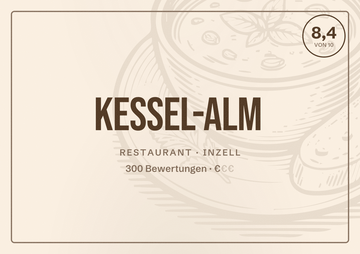 Illustriertes Poster von Kessel-Alm, Restaurant in Inzell: Bewertung 8,4 von 10 aus 300 Bewertungen, Preisniveau €