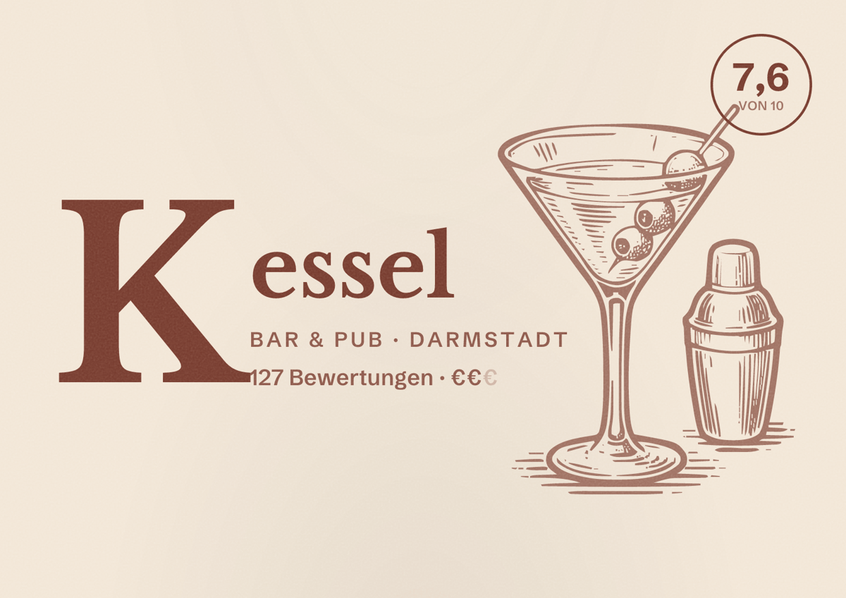 Illustriertes Poster von Kessel, Bar & Pub in Darmstadt: Bewertung 7,6 von 10 aus 127 Bewertungen, Preisniveau €€