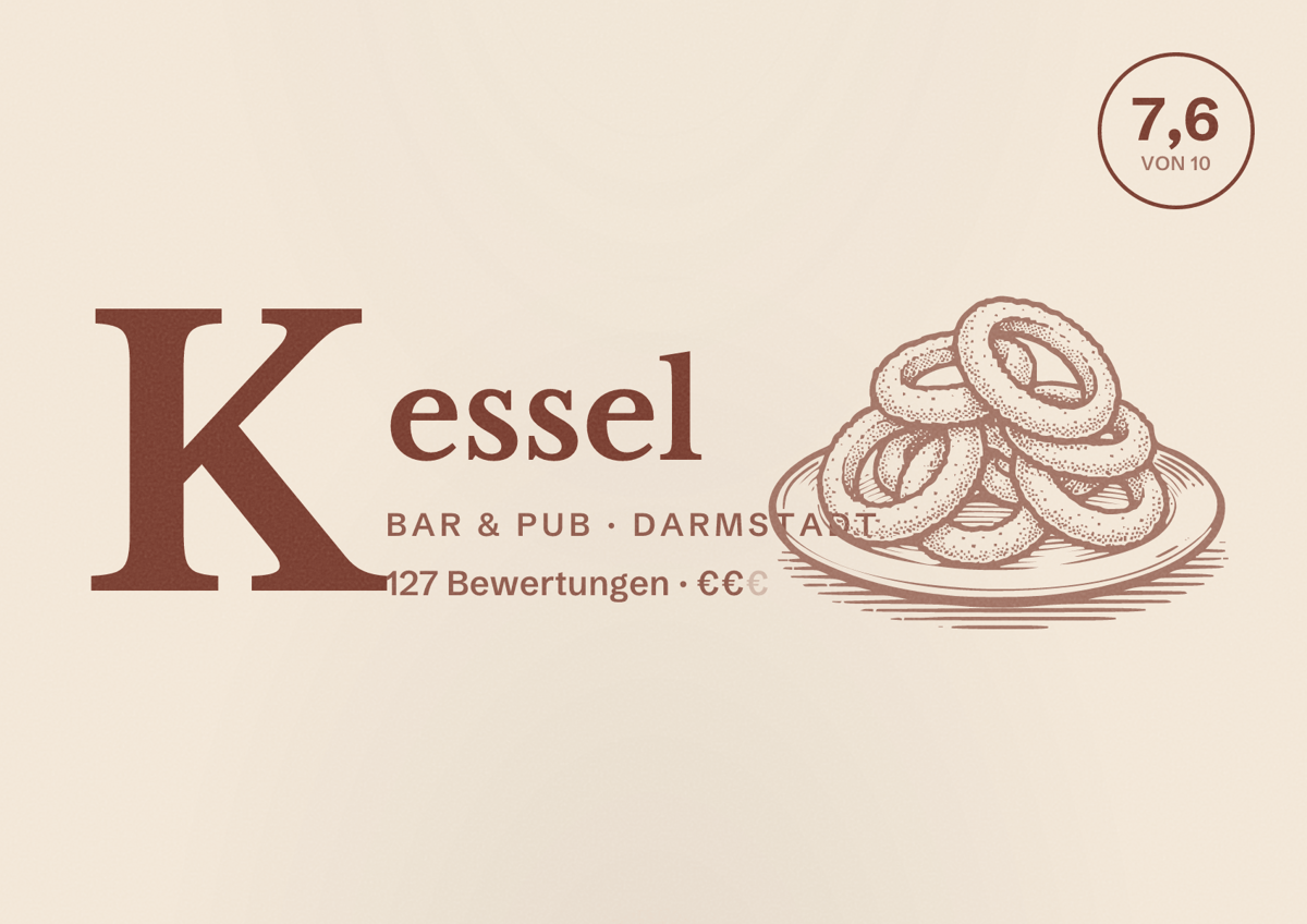 Illustriertes Poster von Kessel, Bar & Pub in Darmstadt: Bewertung 7,6 von 10 aus 127 Bewertungen, Preisniveau €€