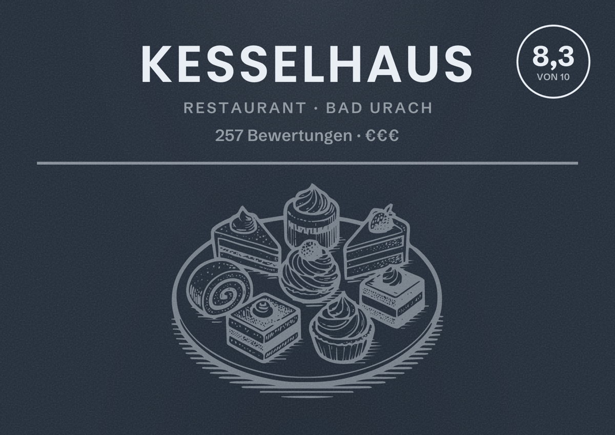 Illustriertes Poster von Kesselhaus, Restaurant in Bad Urach: Bewertung 8,3 von 10 aus 257 Bewertungen, Preisniveau €€€