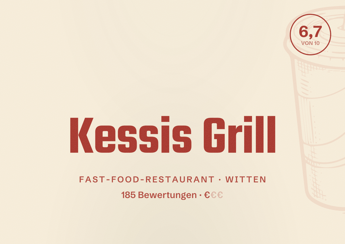 Illustriertes Poster von Kessis Grill, Fast-Food-Restaurant in Witten: Bewertung 6,7 von 10 aus 185 Bewertungen, Preisniveau €