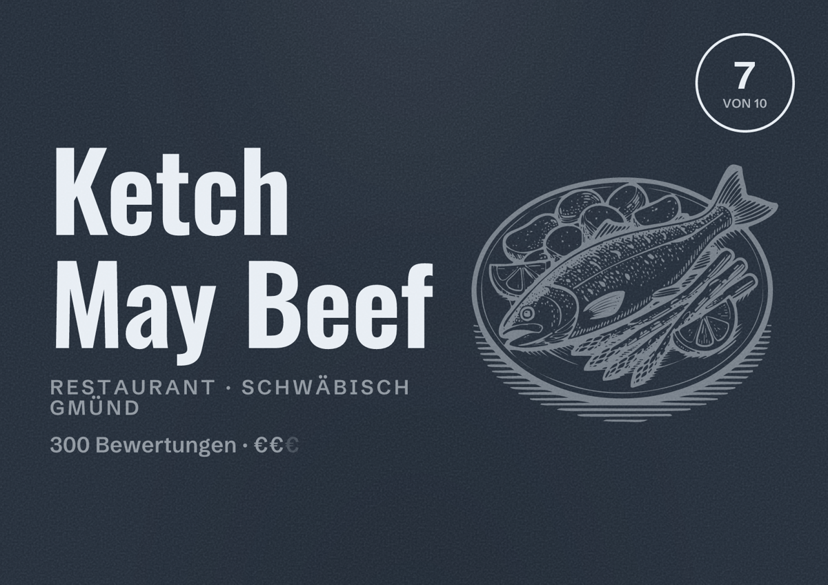 Illustriertes Poster von Ketch May Beef, Restaurant in Schwäbisch Gmünd: Bewertung 7 von 10 aus 300 Bewertungen, Preisniveau €€
