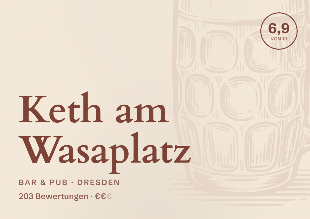 Illustriertes Poster von Keth am Wasaplatz, Bar & Pub in Dresden: Bewertung 6,9 von 10 aus 203 Bewertungen, Preisniveau €€