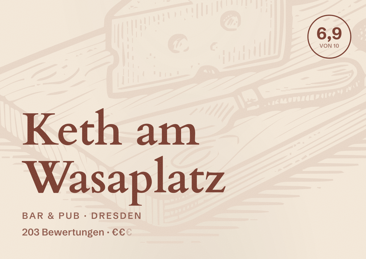 Illustriertes Poster von Keth am Wasaplatz, Bar & Pub in Dresden: Bewertung 6,9 von 10 aus 203 Bewertungen, Preisniveau €€