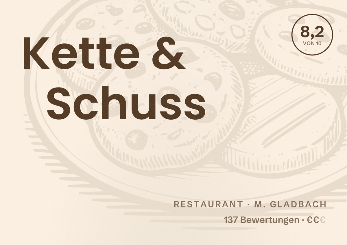 Illustriertes Poster von Kette & Schuss, Restaurant in M. Gladbach: Bewertung 8,2 von 10 aus 137 Bewertungen, Preisniveau €€