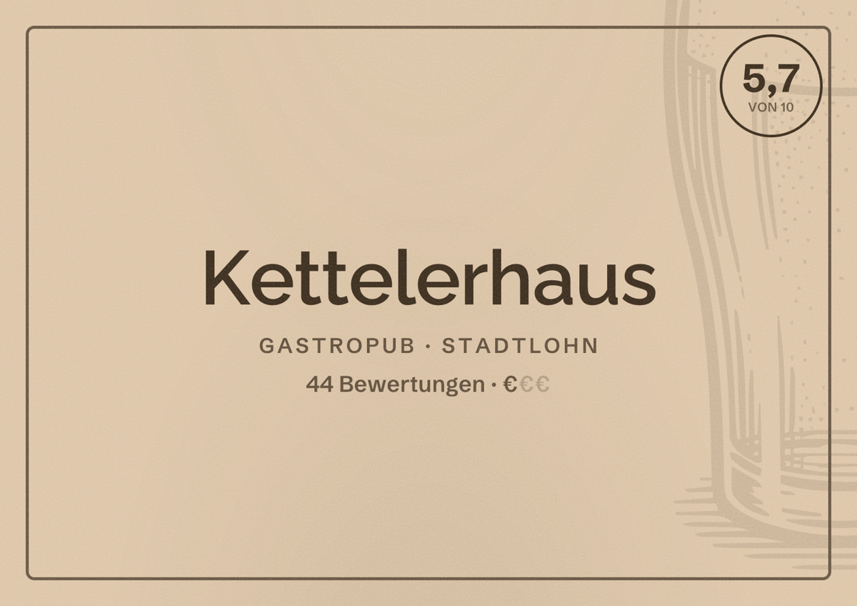 Illustriertes Poster von Kettelerhaus, Gastropub in Stadtlohn: Bewertung 5,7 von 10 aus 44 Bewertungen, Preisniveau €