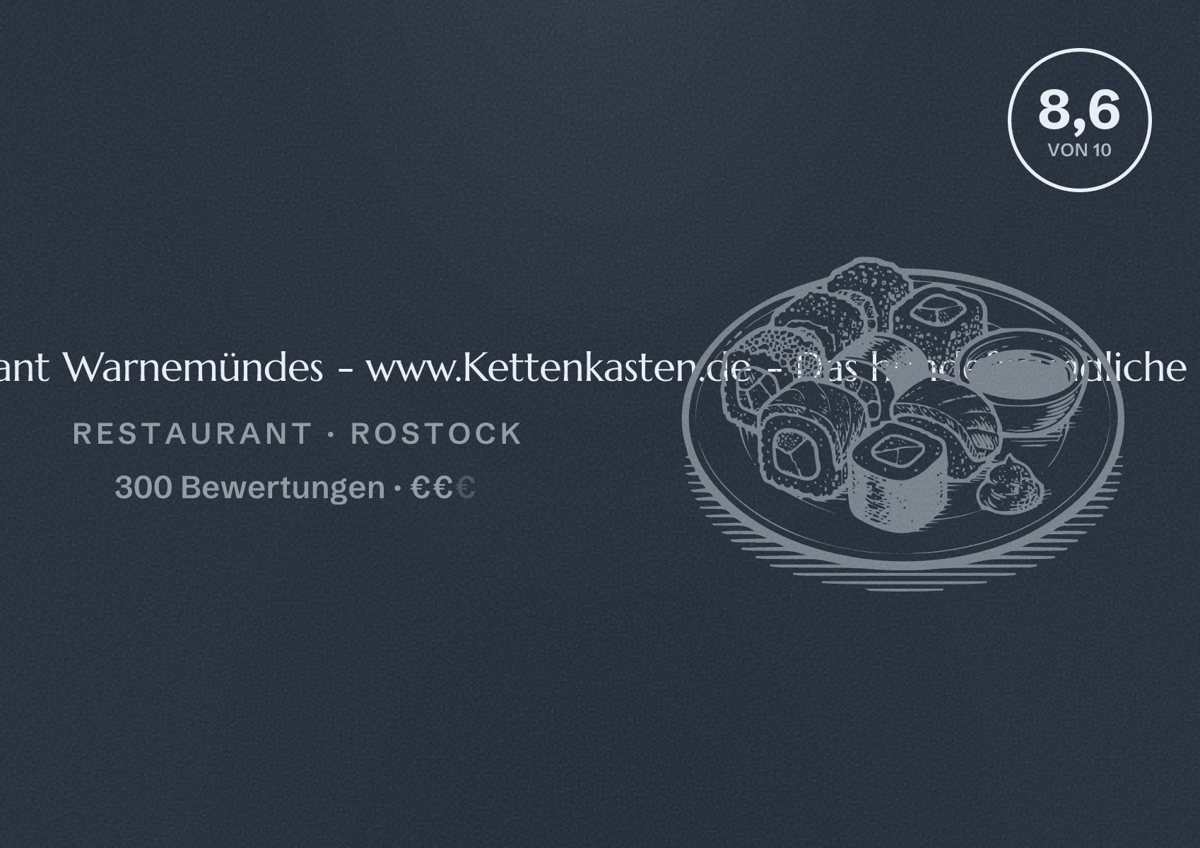 Illustriertes Poster von Kettenkasten - Das maritime Restaurant Warnemündes - www.Kettenkasten.de - Das hundefreundliche Restaurant -, Restaurant in Rostock: Bewertung 8,6 von 10 aus 300 Bewertungen, Preisniveau €€