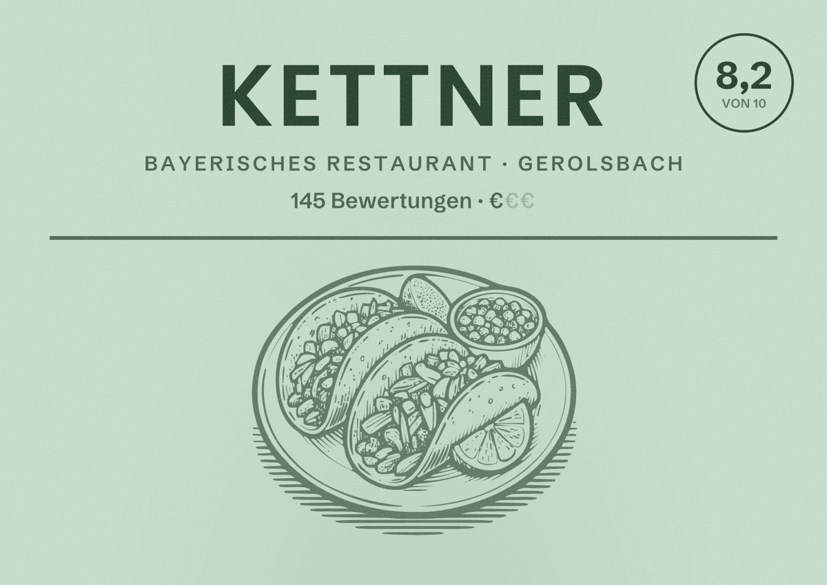Illustriertes Poster von Kettner, Bayerisches Restaurant in Gerolsbach: Bewertung 8,2 von 10 aus 145 Bewertungen, Preisniveau €