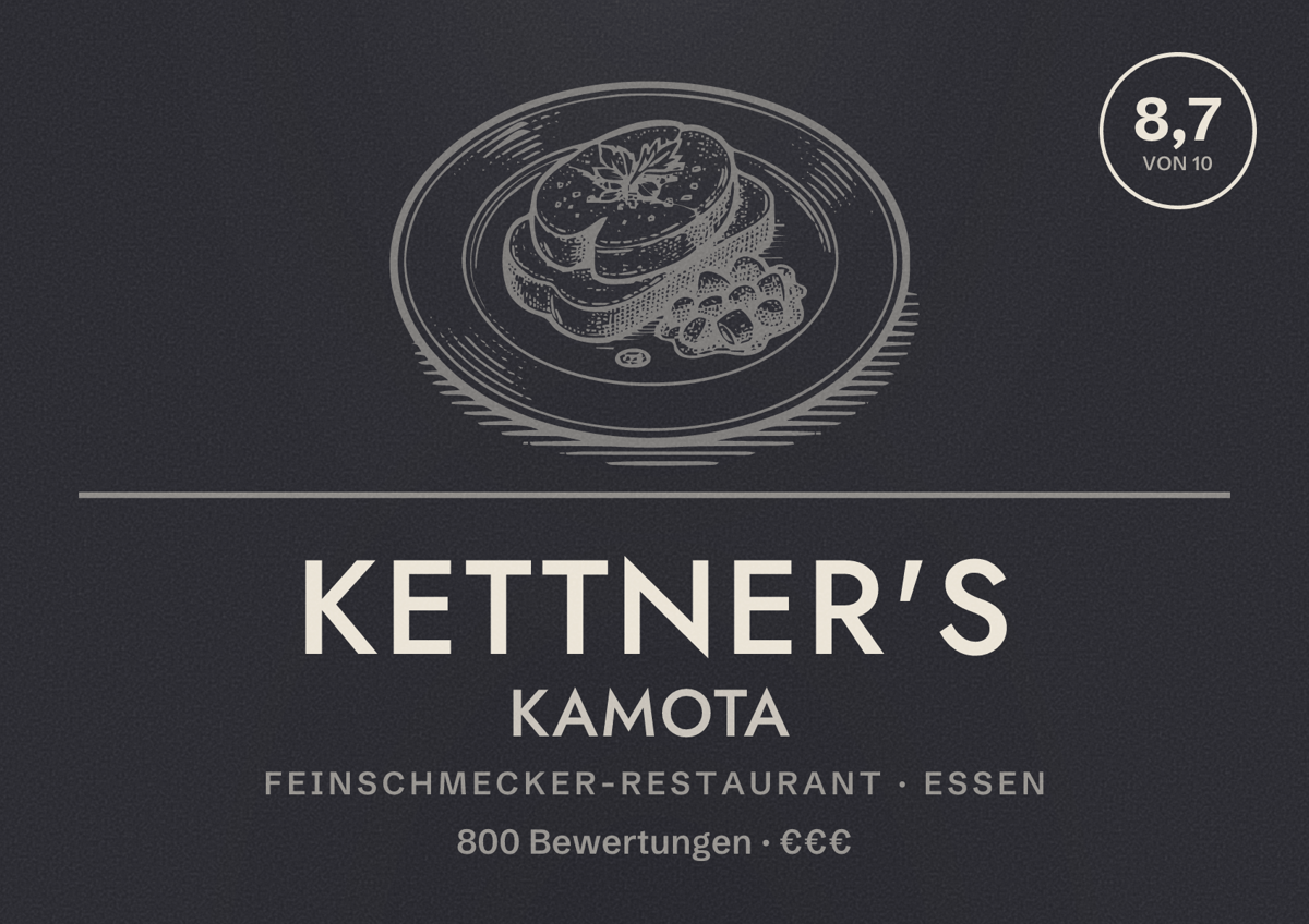 Illustriertes Poster von Kettner's Kamota, Feinschmecker-Restaurant in Essen: Bewertung 8,7 von 10 aus 800 Bewertungen, Preisniveau €€€