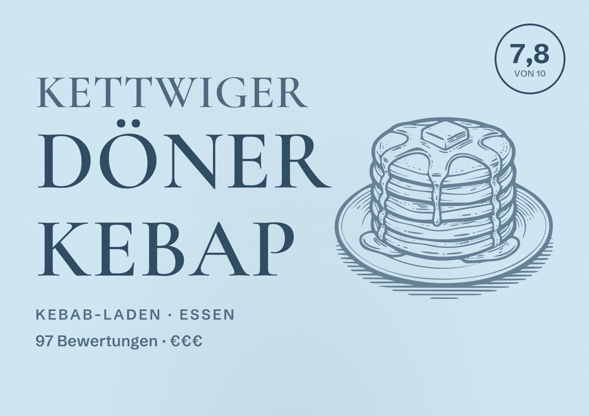 Illustriertes Poster von Kettwiger Döner Kebap, Kebab-Laden in Essen: Bewertung 7,8 von 10 aus 97 Bewertungen, Preisniveau €€€