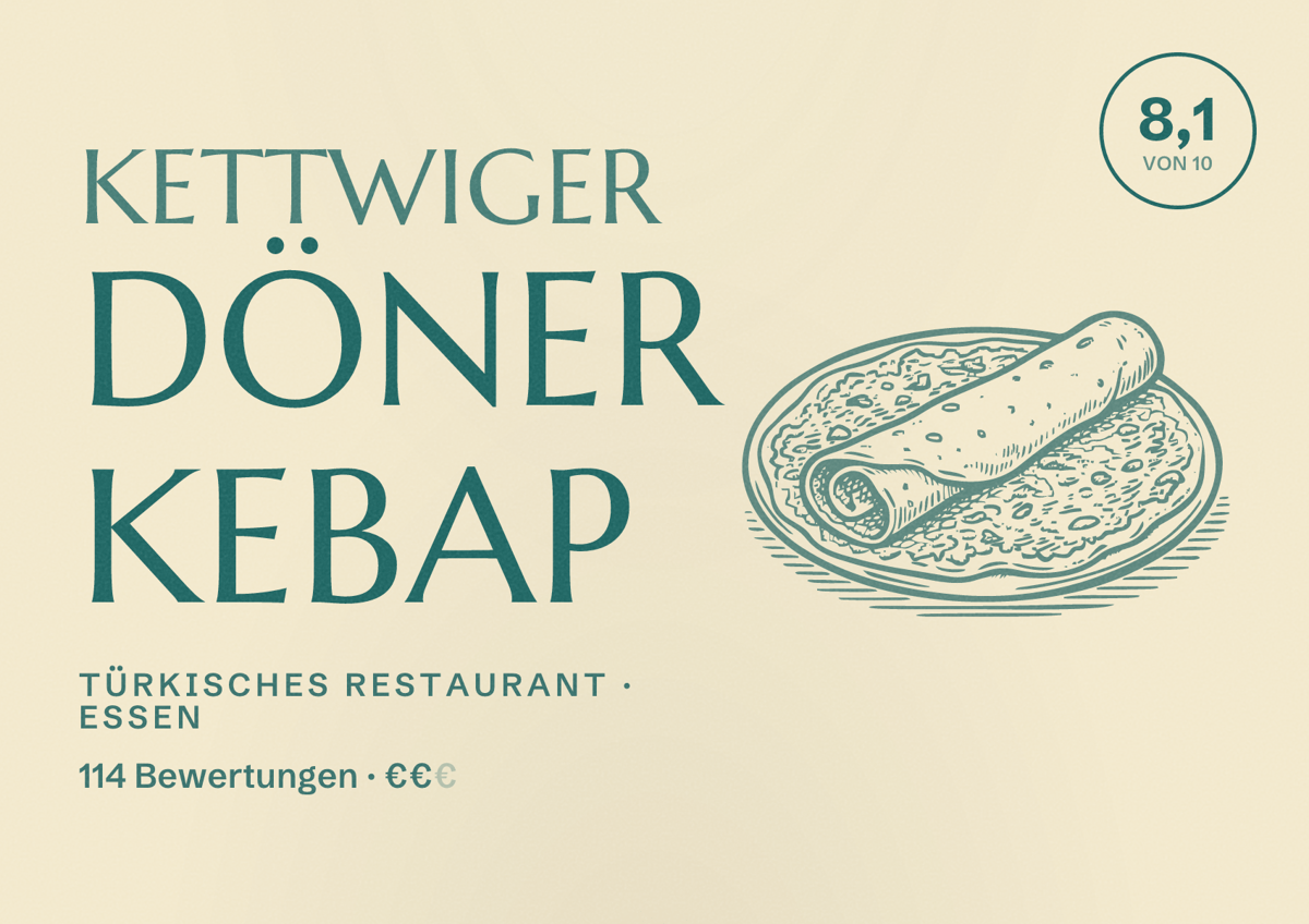 Illustriertes Poster von Kettwiger Döner Kebap, Türkisches Restaurant in Essen: Bewertung 8,1 von 10 aus 114 Bewertungen, Preisniveau €€
