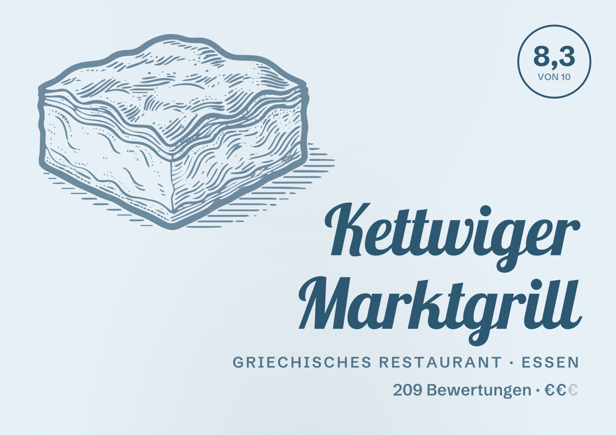 Illustriertes Poster von Kettwiger Marktgrill, Griechisches Restaurant in Essen: Bewertung 8,3 von 10 aus 209 Bewertungen, Preisniveau €€
