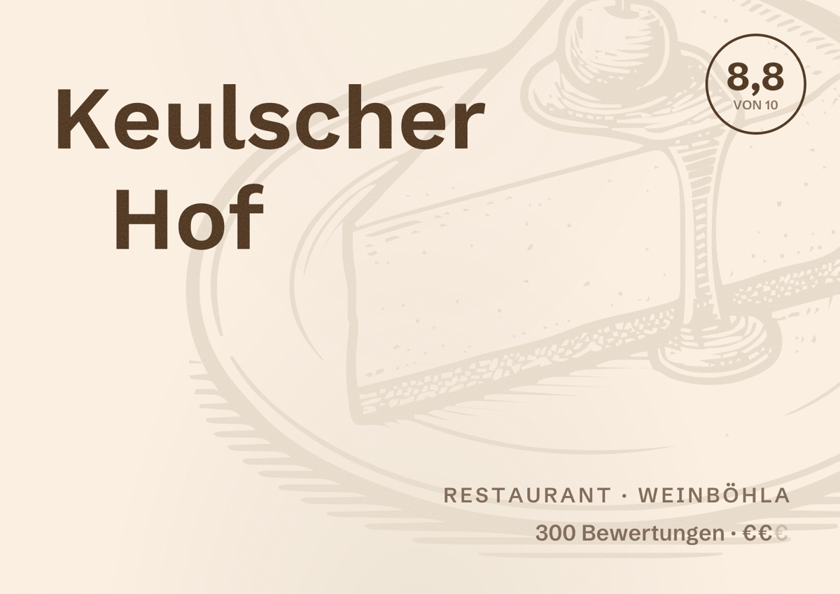 Illustriertes Poster von Keulscher Hof, Restaurant in Weinböhla: Bewertung 8,8 von 10 aus 300 Bewertungen, Preisniveau €€