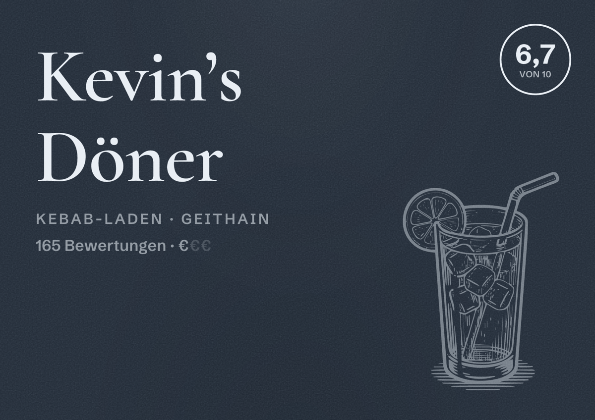 Illustriertes Poster von Kevin’s Döner, Kebab-Laden in Geithain: Bewertung 6,7 von 10 aus 165 Bewertungen, Preisniveau €