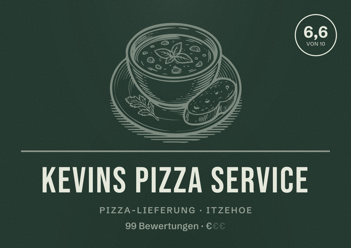 Illustriertes Poster von Kevins Pizza Service, Pizza-Lieferung in Itzehoe: Bewertung 6,6 von 10 aus 99 Bewertungen, Preisniveau €