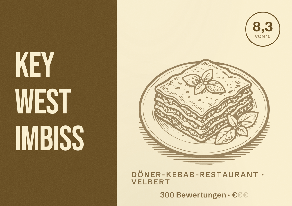 Illustriertes Poster von Key West Imbiss, Döner-Kebab-Restaurant in Velbert: Bewertung 8,3 von 10 aus 300 Bewertungen, Preisniveau €