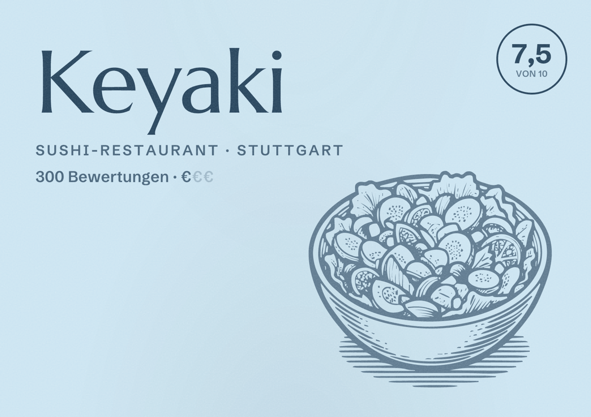 Illustriertes Poster von Keyaki, Sushi-Restaurant in Stuttgart: Bewertung 7,5 von 10 aus 300 Bewertungen, Preisniveau €