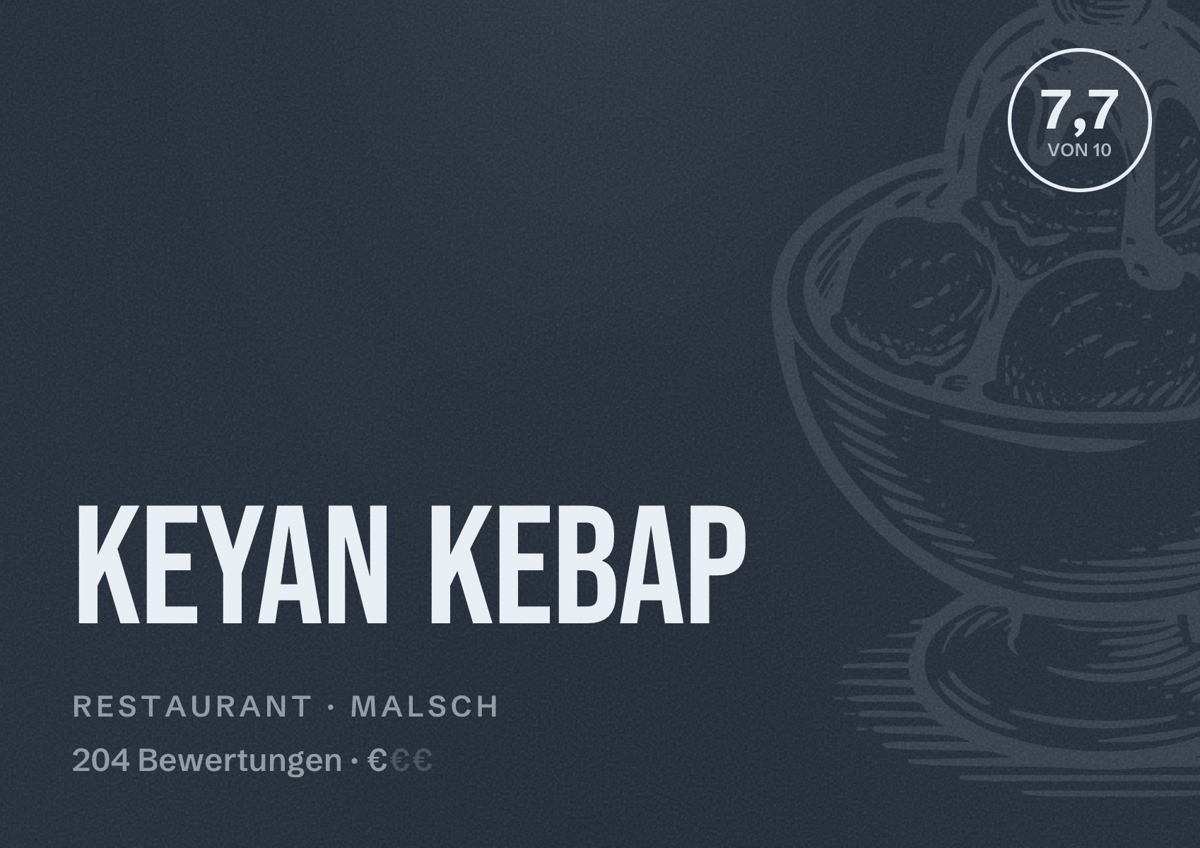 Illustriertes Poster von Keyan kebap, Restaurant in Malsch: Bewertung 7,7 von 10 aus 204 Bewertungen, Preisniveau €
