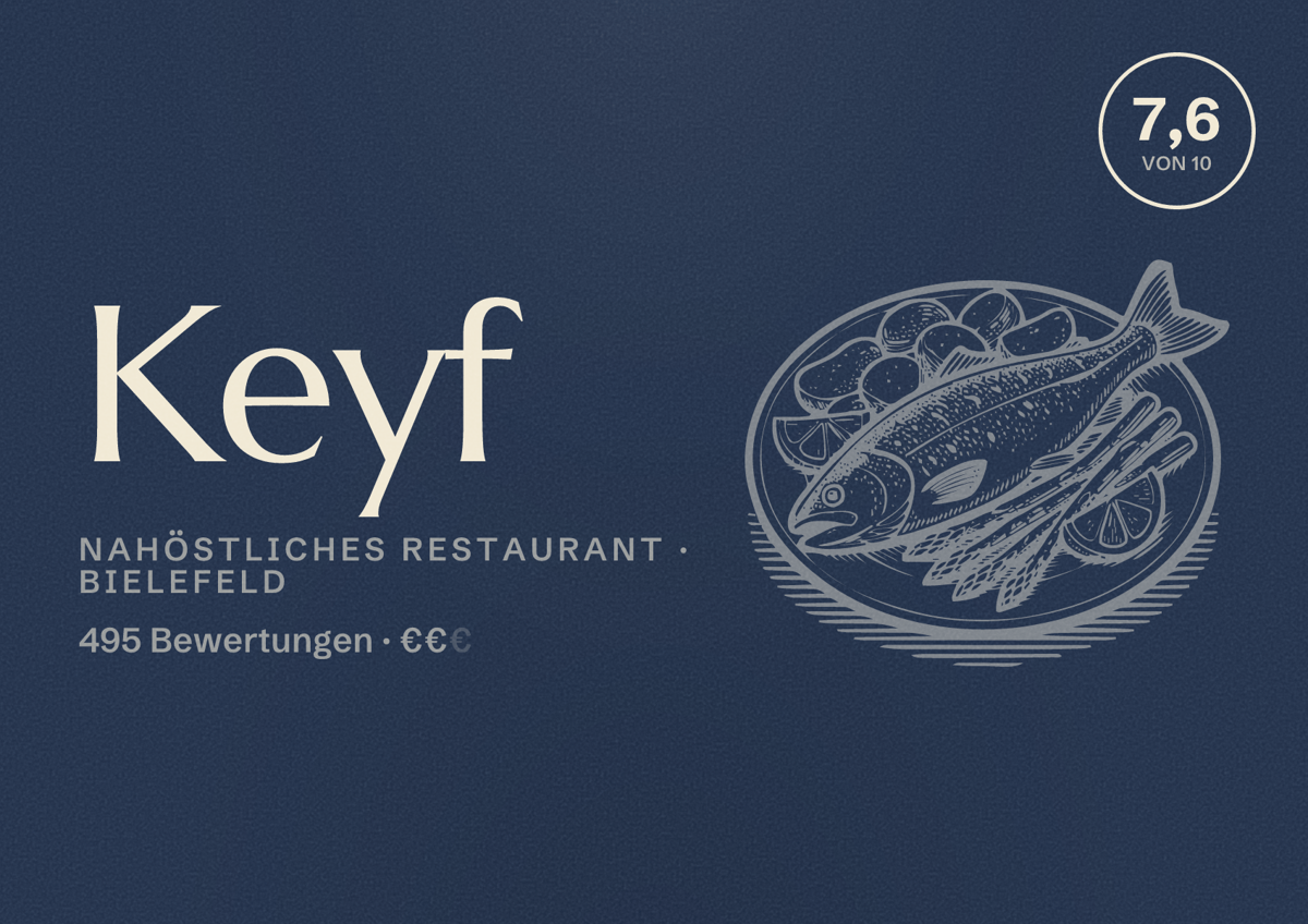 Illustriertes Poster von Keyf, Nahöstliches Restaurant in Bielefeld: Bewertung 7,6 von 10 aus 495 Bewertungen, Preisniveau €€