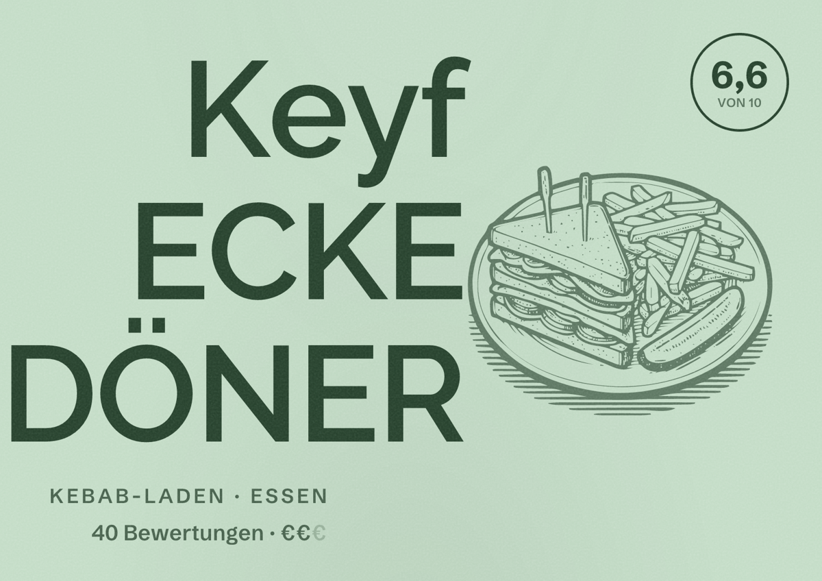Illustriertes Poster von Keyf ECKE DÖNER, Kebab-Laden in Essen: Bewertung 6,6 von 10 aus 40 Bewertungen, Preisniveau €€