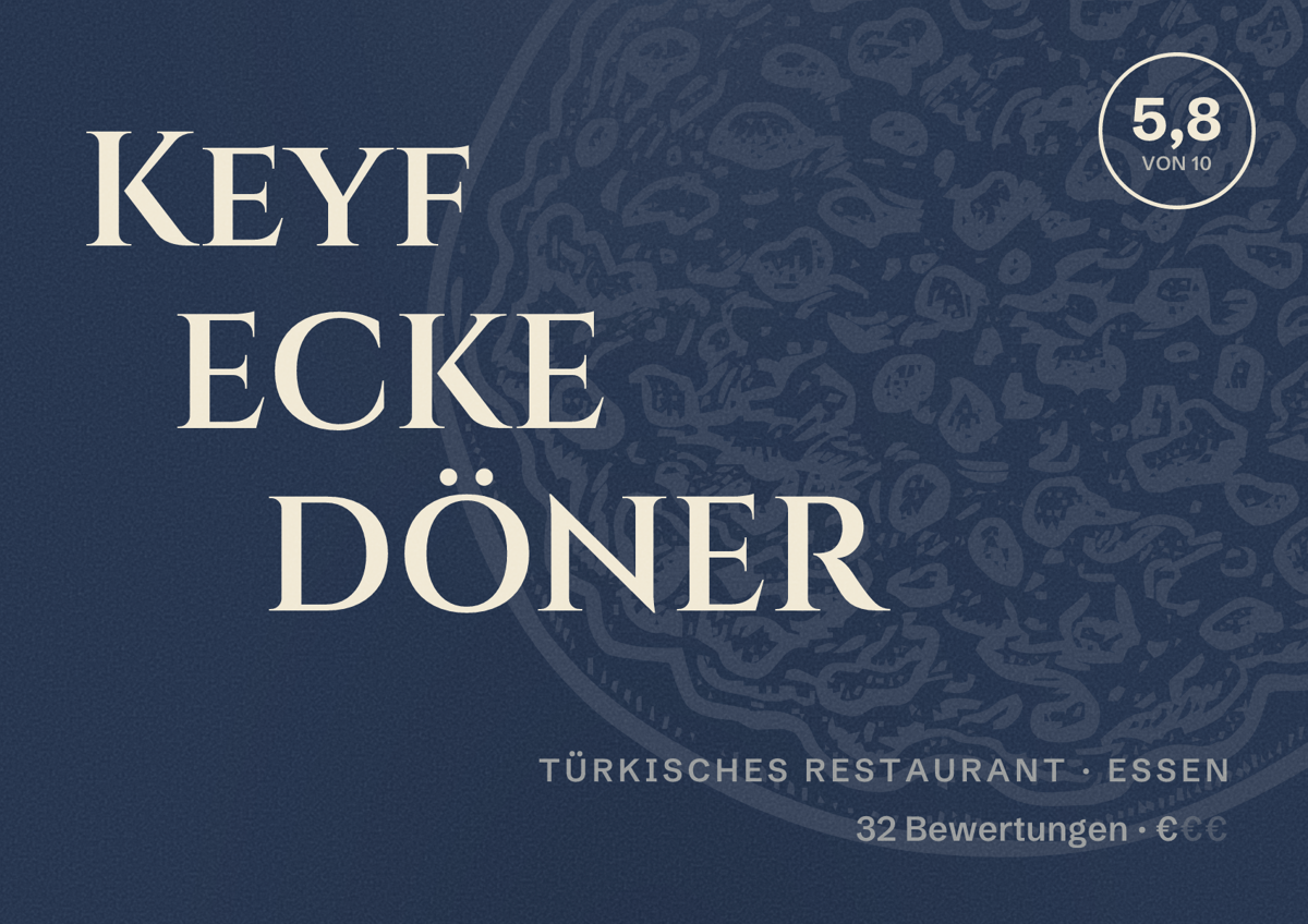 Illustriertes Poster von Keyf ECKE DÖNER, Türkisches Restaurant in Essen: Bewertung 5,8 von 10 aus 32 Bewertungen, Preisniveau €