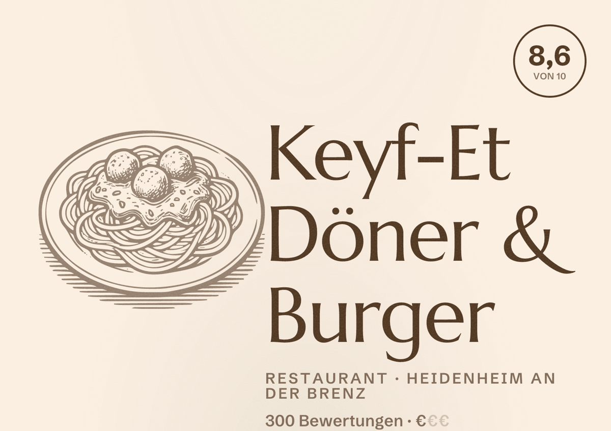 Illustriertes Poster von Keyf-Et Döner & Burger, Restaurant in Heidenheim an der Brenz: Bewertung 8,6 von 10 aus 300 Bewertungen, Preisniveau €