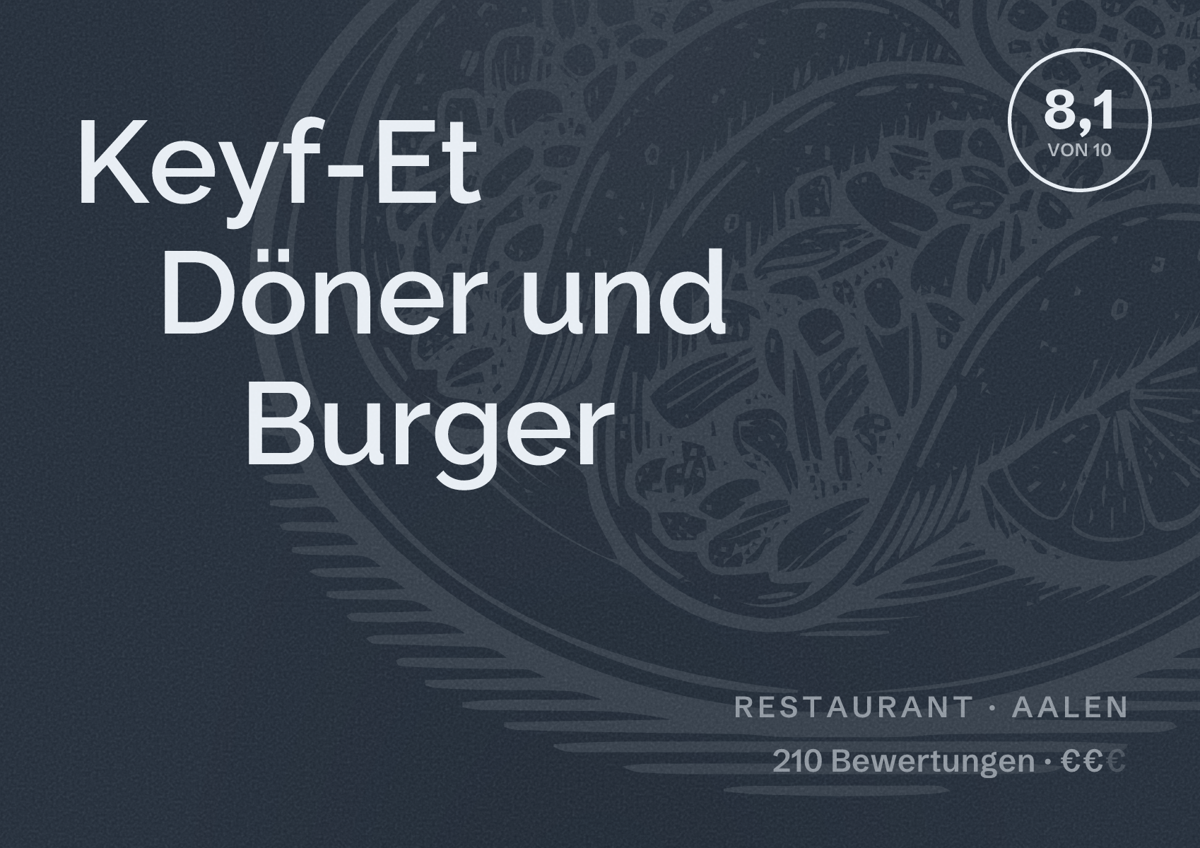 Illustriertes Poster von Keyf-Et Döner und Burger, Restaurant in Aalen: Bewertung 8,1 von 10 aus 210 Bewertungen, Preisniveau €€