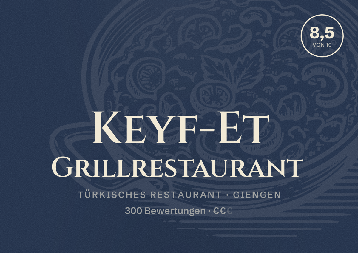 Illustriertes Poster von Keyf-Et Grillrestaurant, Türkisches Restaurant in Giengen: Bewertung 8,5 von 10 aus 300 Bewertungen, Preisniveau €€