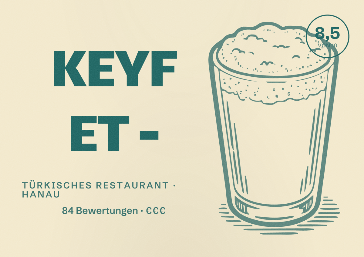 Illustriertes Poster von KEYF ET -, Türkisches Restaurant in Hanau: Bewertung 8,5 von 10 aus 84 Bewertungen, Preisniveau €€€