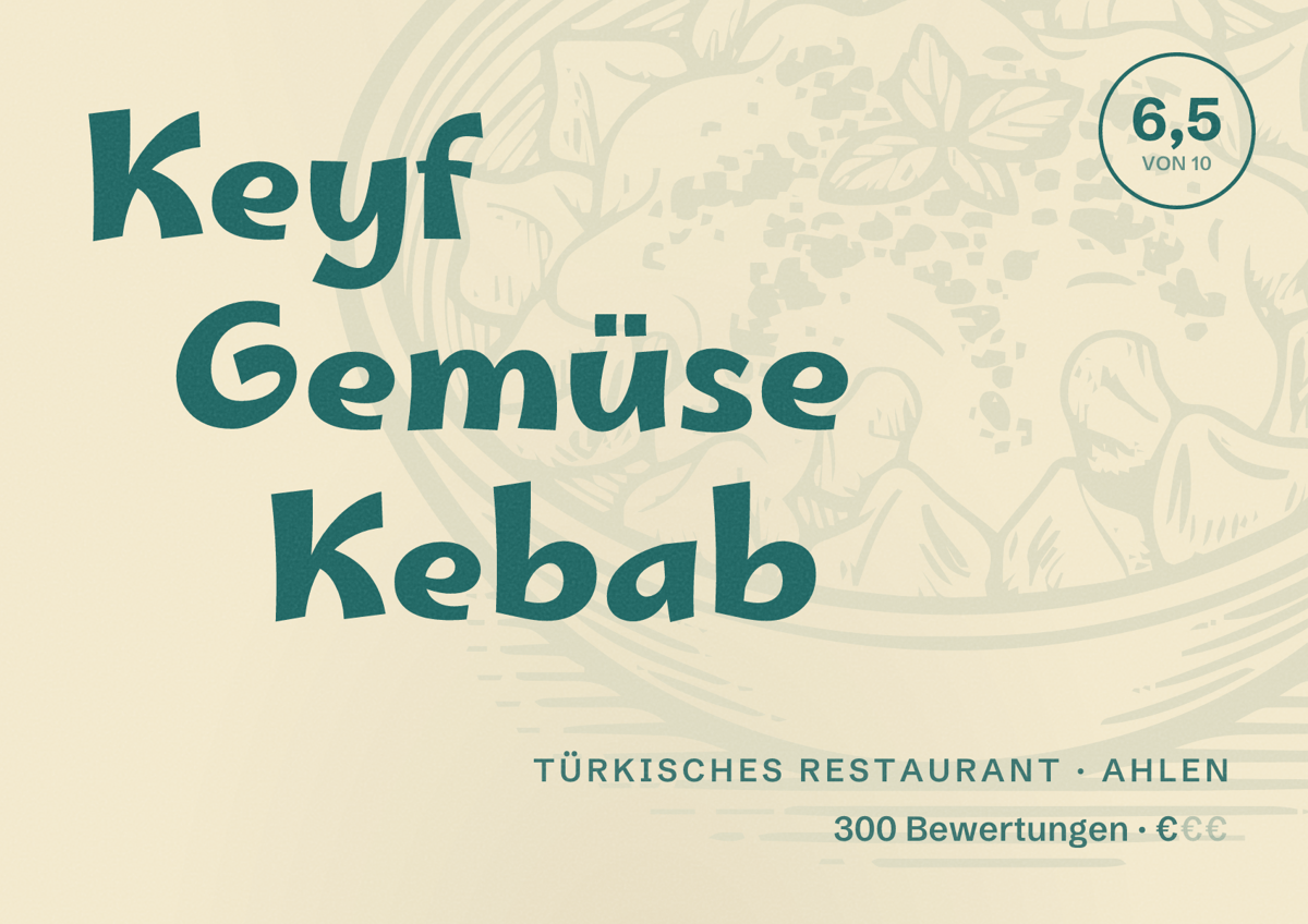 Illustriertes Poster von Keyf Gemüse Kebab, Türkisches Restaurant in Ahlen: Bewertung 6,5 von 10 aus 300 Bewertungen, Preisniveau €